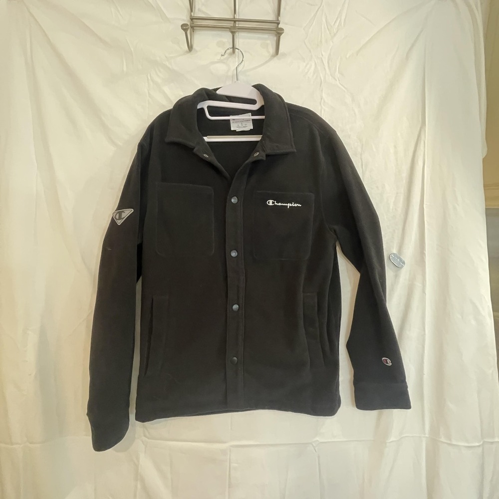 Champion Jacket Mens Small Black Fleece Snap Front Shirt Jacket Shacket V74727